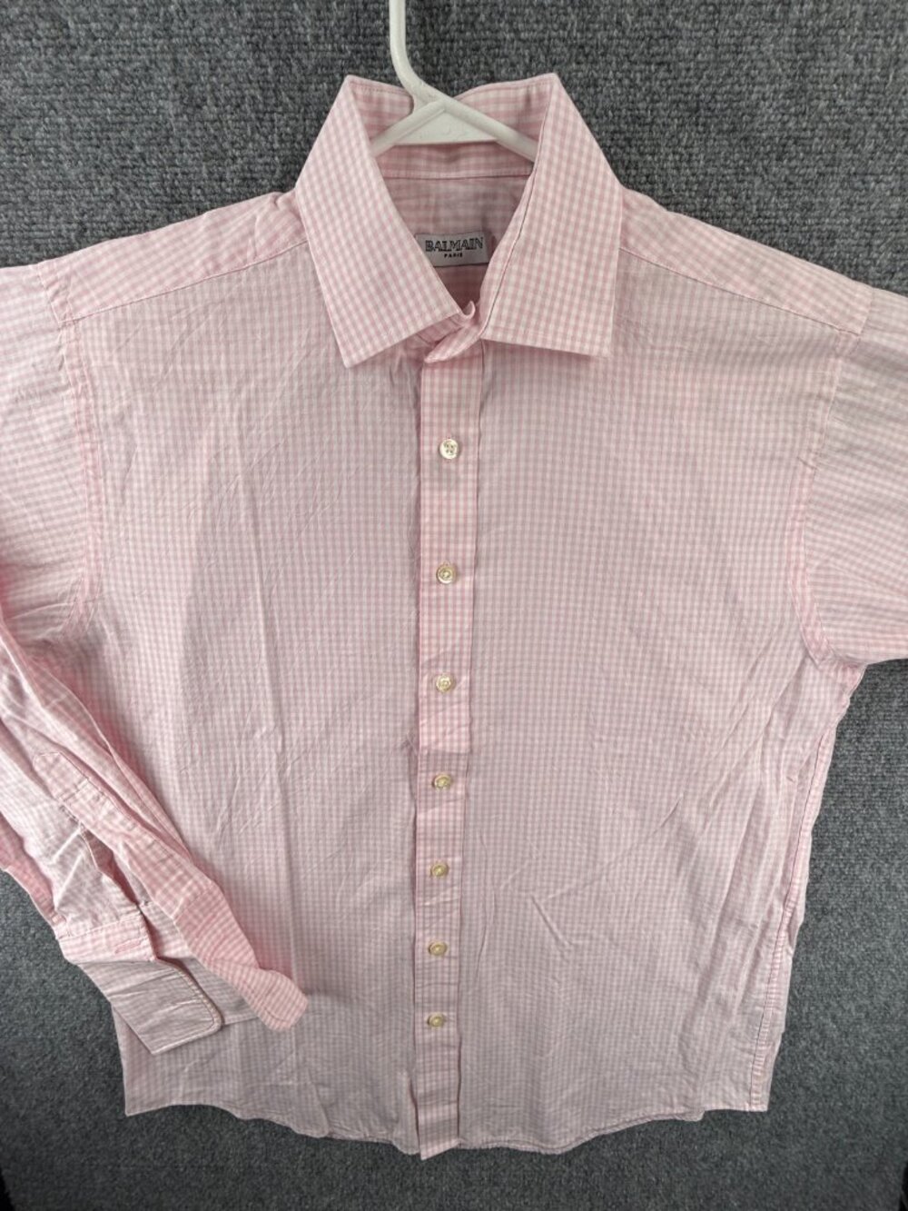 Balmain Cotton Polyester Check 15.5 Pink Shirt Long Sleeve Button Up Mens Spread